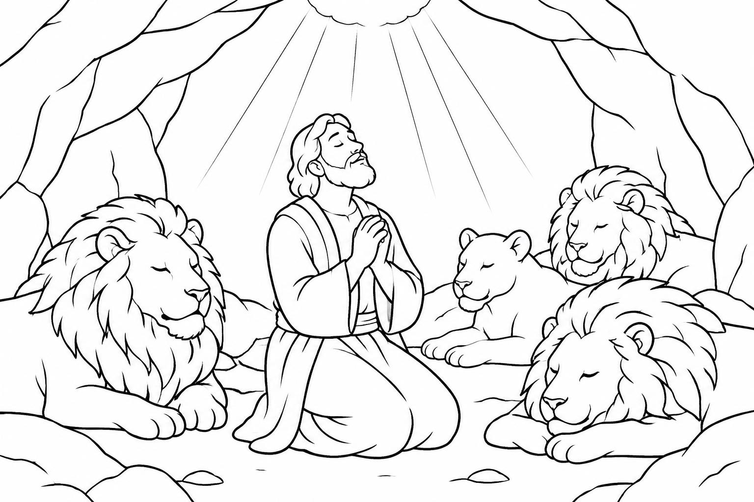 Dibujo para colorear de Daniel orando de rodillas entre leones dormidos