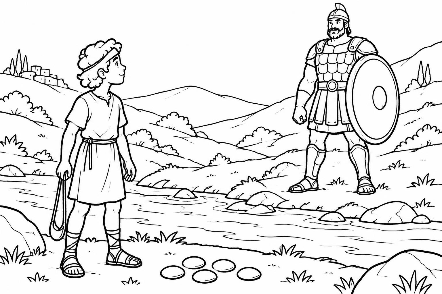 Dibujo para colorear de David y Goliat antes de la batalla, con cinco piedras junto al arroyo