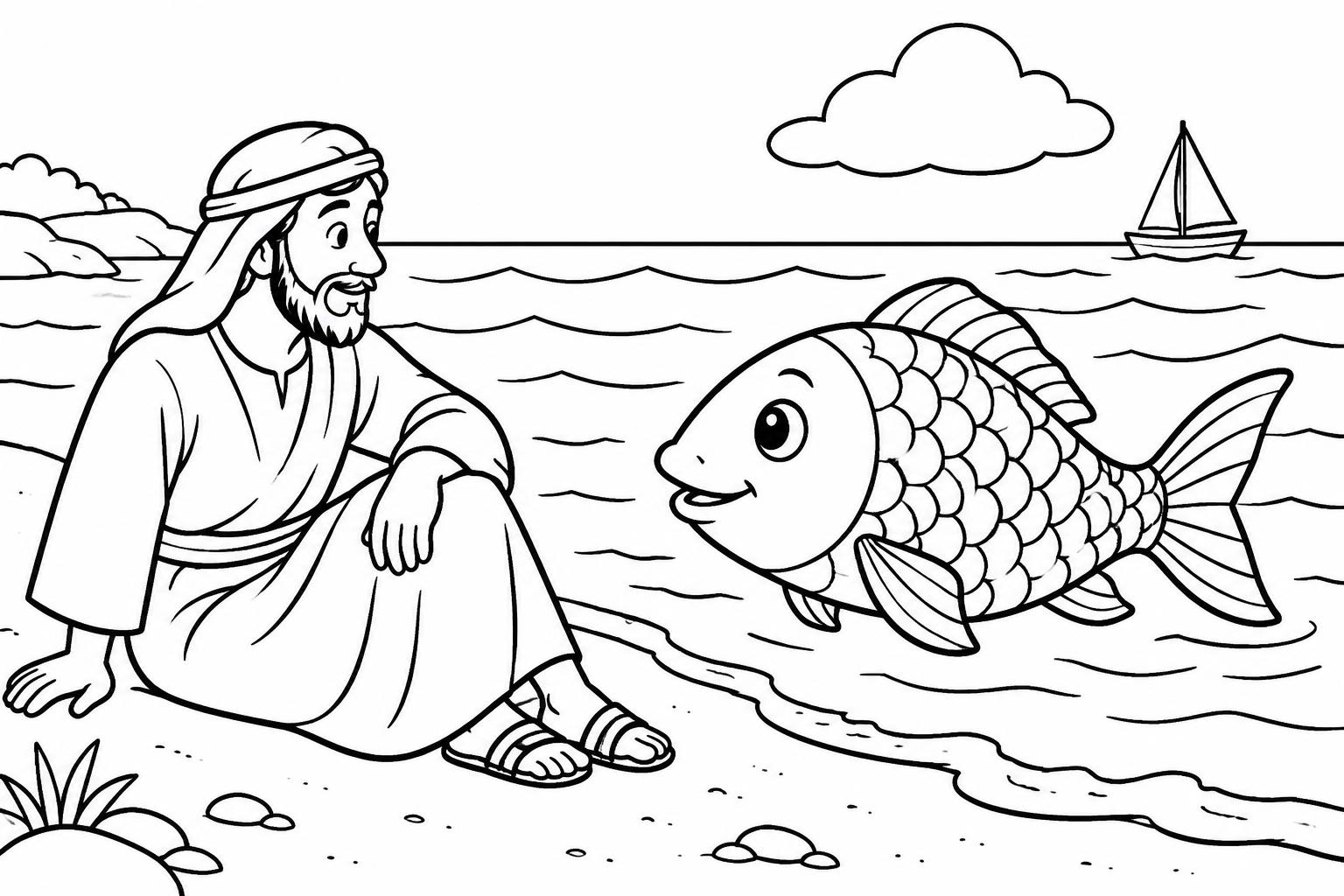 Dibujo para colorear de Jonás a salvo en la orilla y un gran pez en el agua