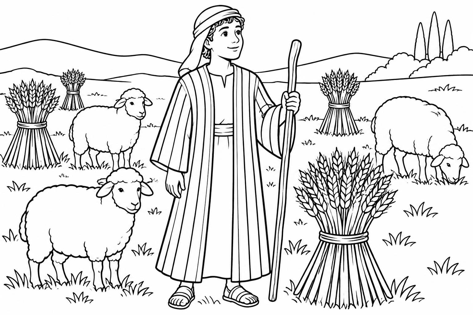 Dibujo para colorear de José con su túnica de franjas entre ovejas y gavillas de trigo