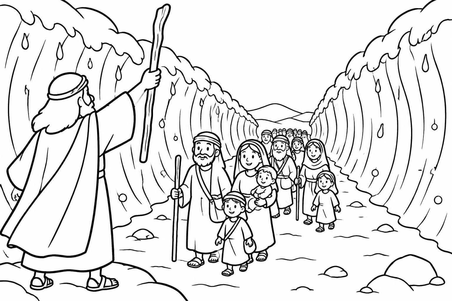 Dibujo para colorear de Moisés levantando su vara mientras el pueblo cruza el mar abierto