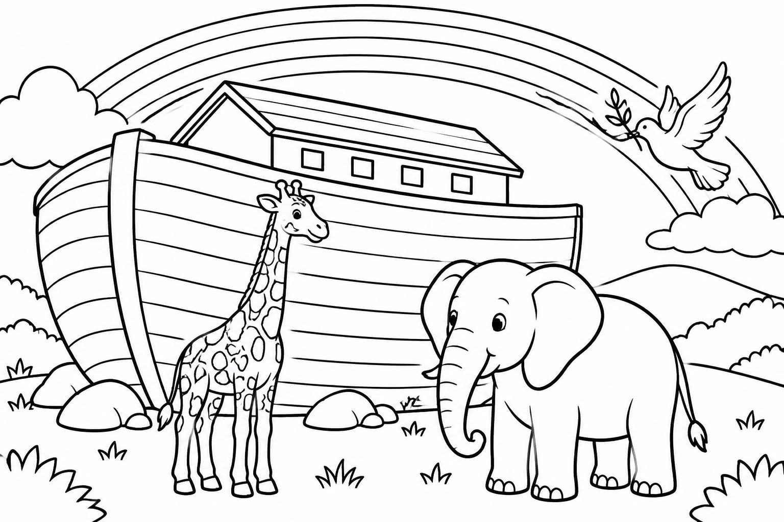 Dibujo para colorear de un arca, animales, una paloma y un arco en el cielo