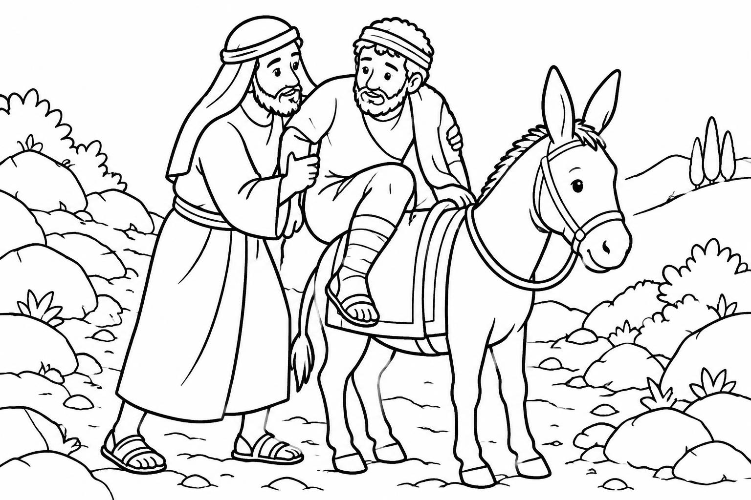 Dibujo para colorear de un samaritano ayudando a un hombre herido a subir a un burro