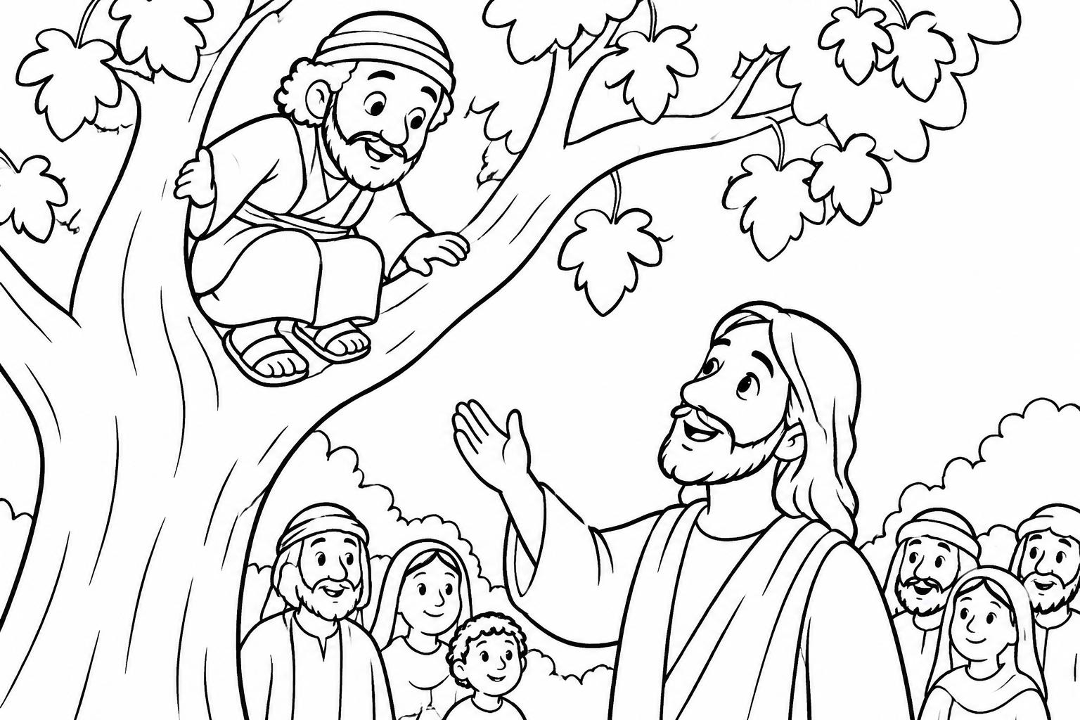 Dibujo para colorear de Zaqueo sentado en un árbol mirando a Jesús