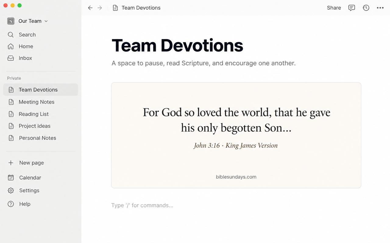 The Bible Sundays verse widget embedded in a Notion page called Team Devotions