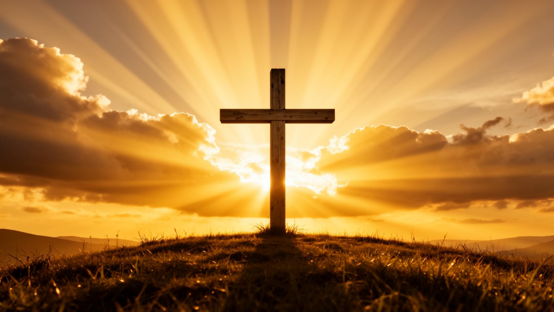 A wooden cross on a grassy hill at sunrise with golden light rays breaking through clouds