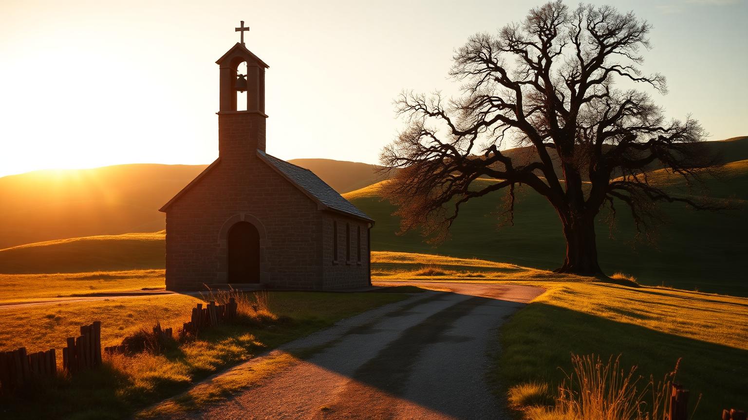 A stone country chapel at sunset on a quiet hillside