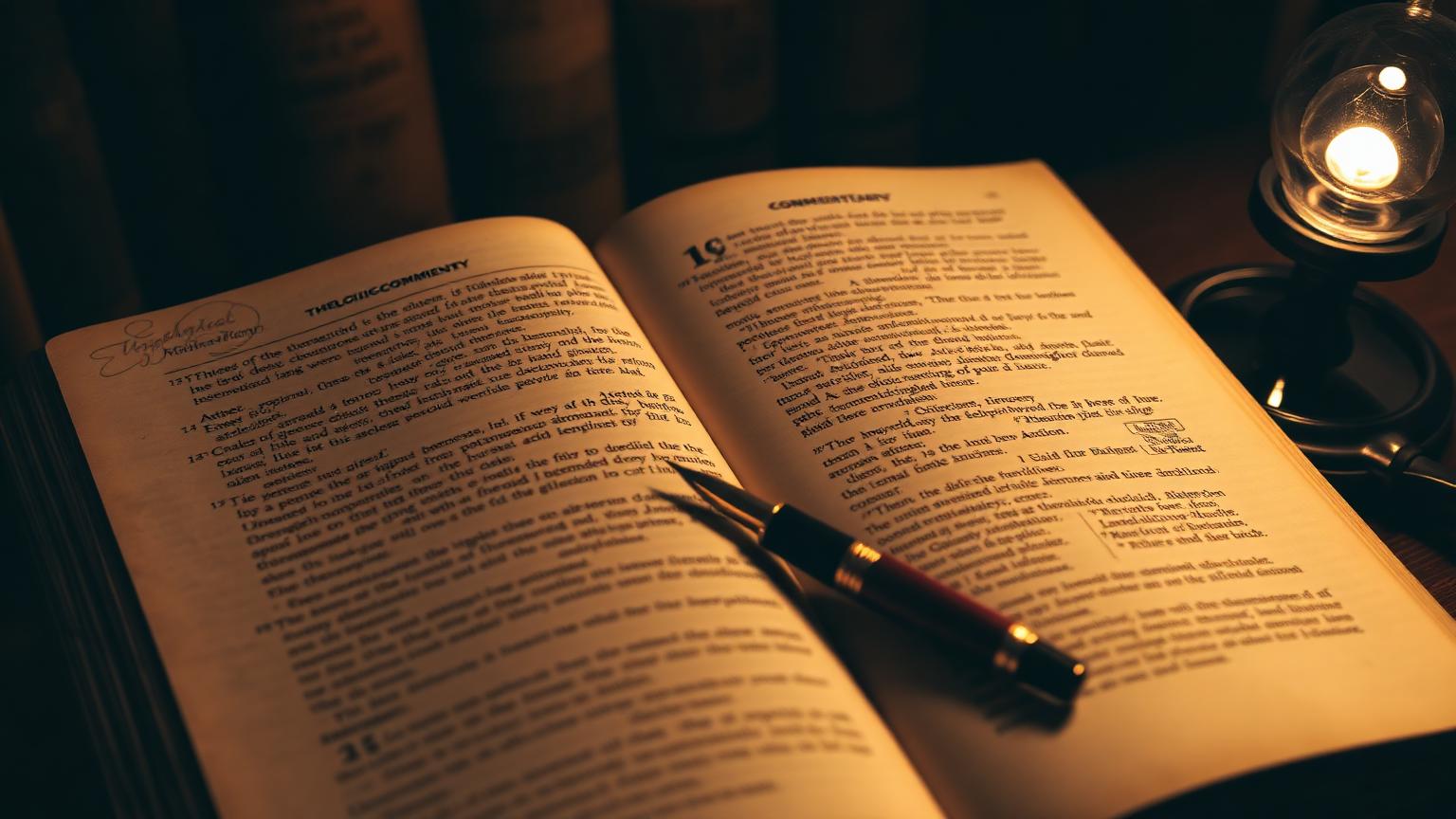 An open commentary book with annotated margins beside a fountain pen in warm lamplight