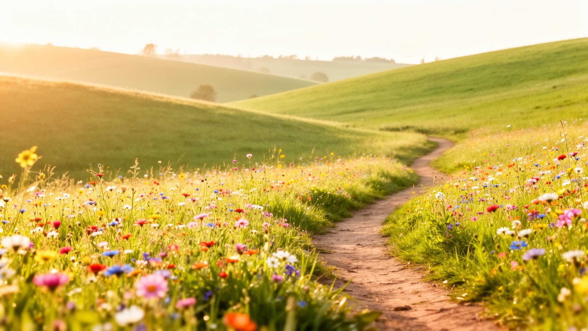 A bright sunlit meadow with colorful wildflowers and a winding path through gentle green hills
