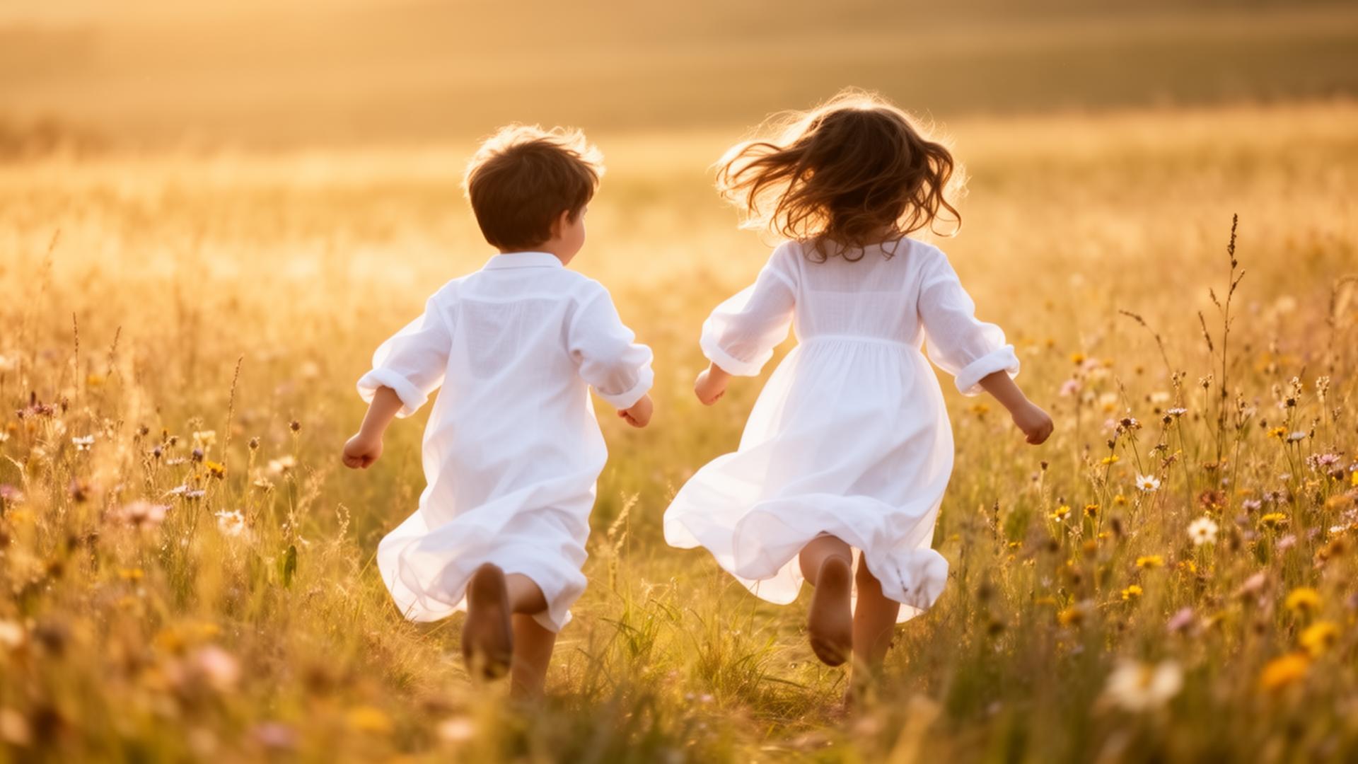 A boy and girl in white running through a golden sunlit meadow of wildflowers