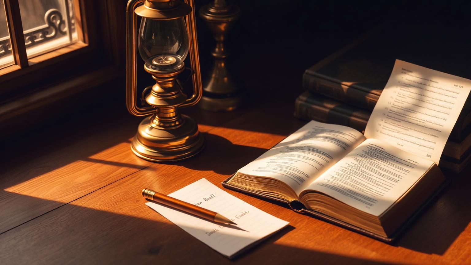 An open Bible on a wooden desk beside a golden lamp