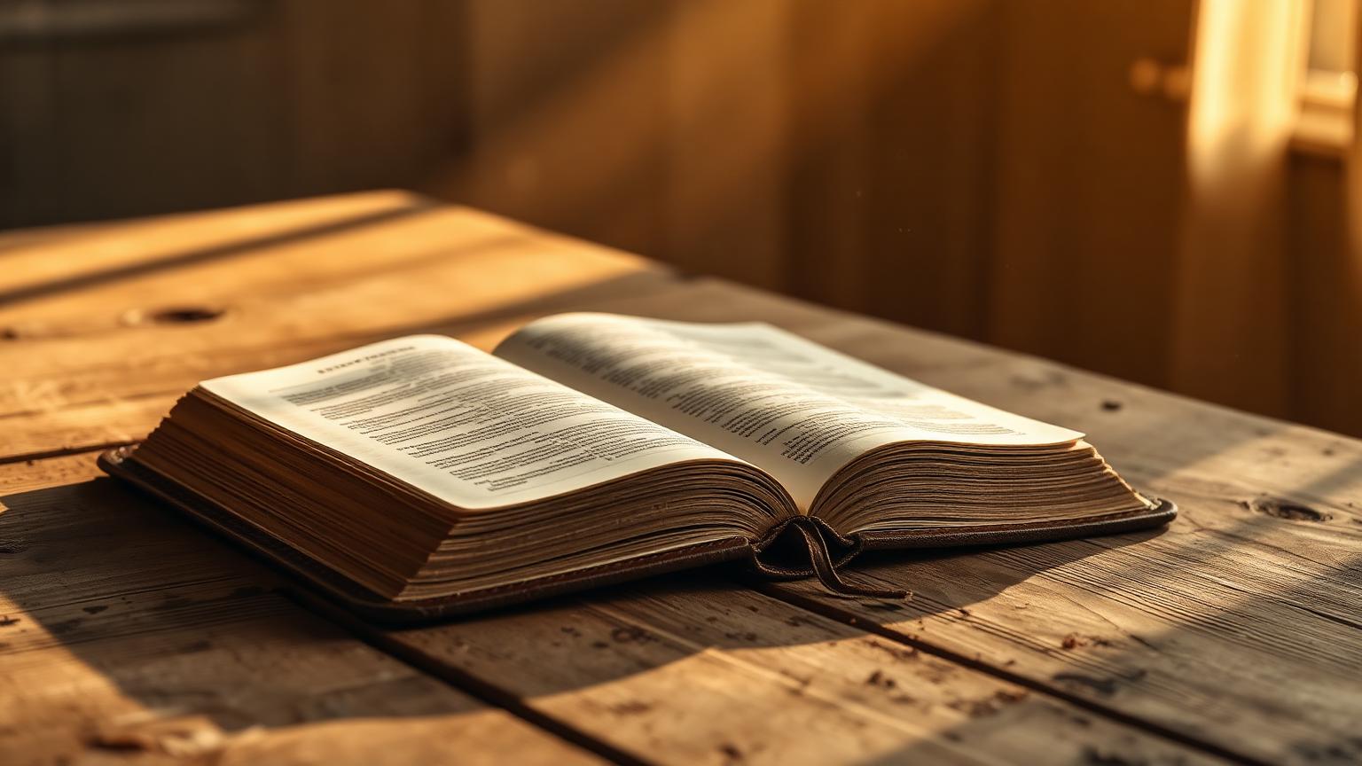 An open Bible on a wooden table in warm morning light