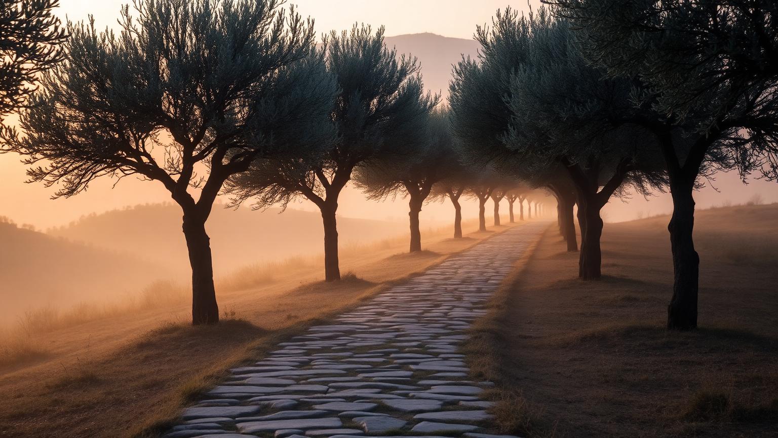 A misty stone path winding through an ancient olive grove at dawn