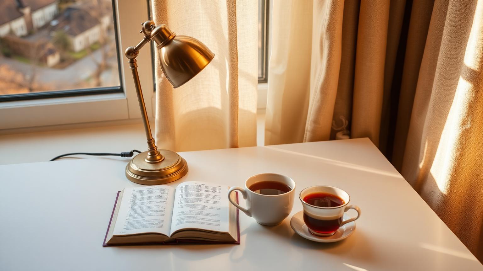 A quiet writing desk with a journal and Bible by lamplight