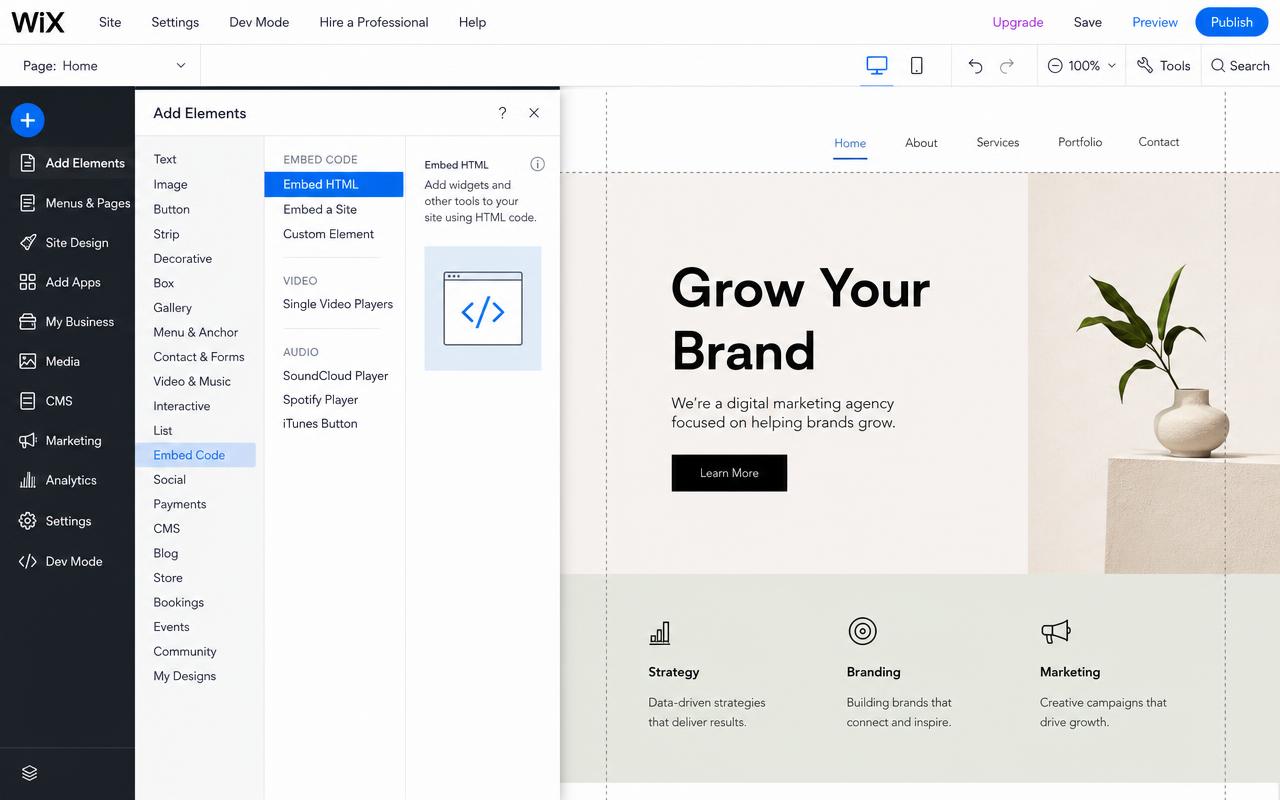 Wix Editor Add Elements panel with Embed Code selected and the Embed HTML option highlighted