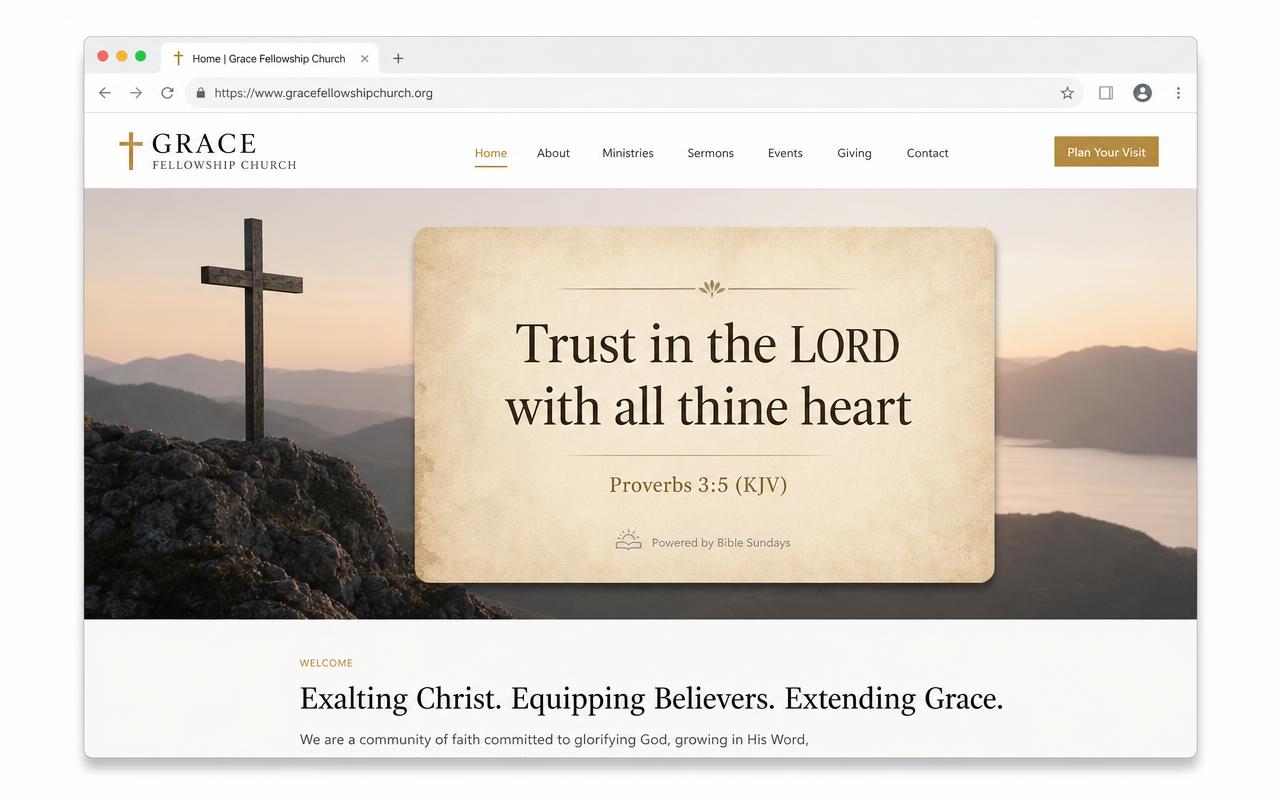 Published Wix church homepage showing the KJV daily verse widget over a hero image