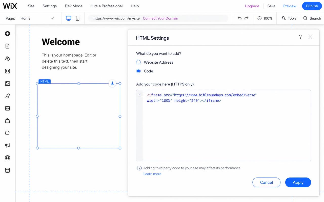 Wix HTML Settings dialog with the Code option selected and the Bible verse iframe pasted in