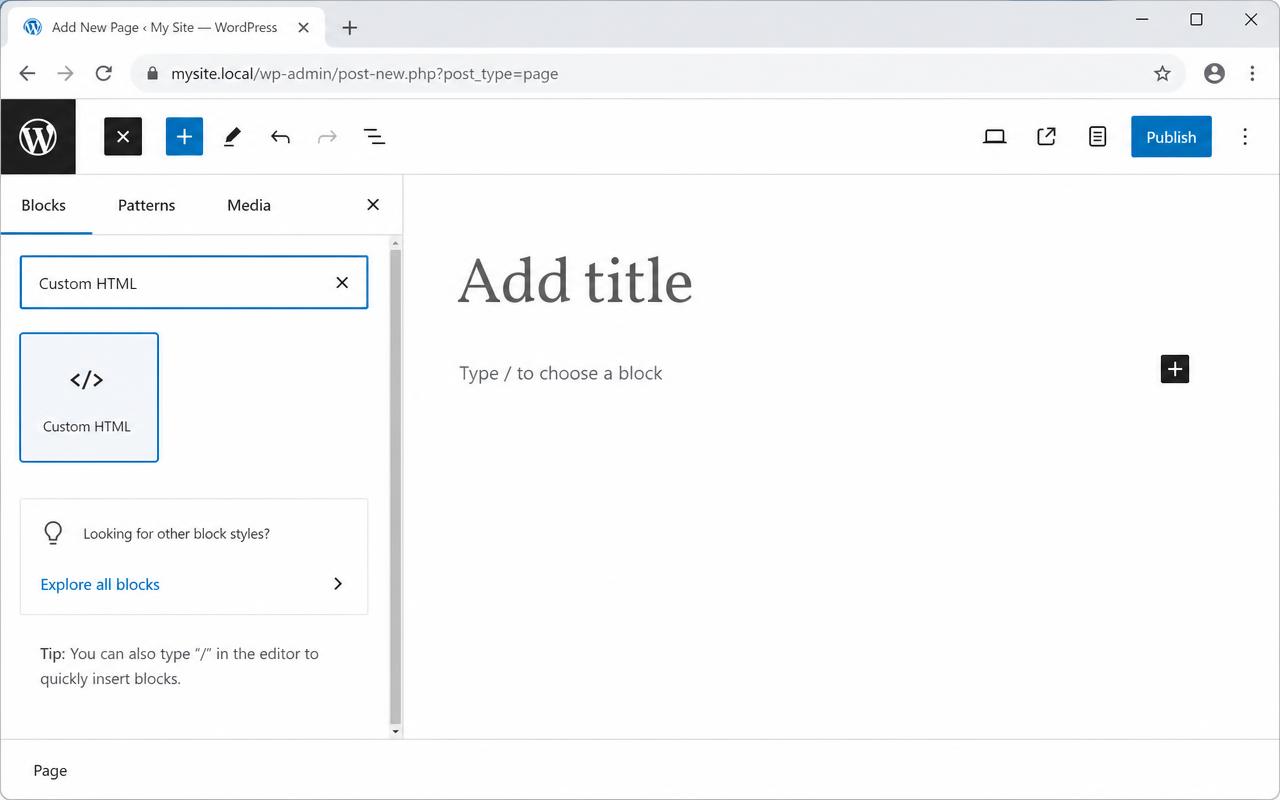 WordPress block inserter open with the Custom HTML block highlighted in the search results