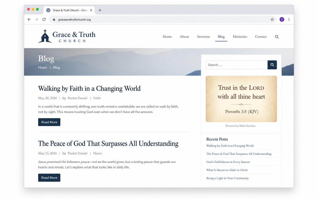 Published WordPress church blog showing the KJV daily verse widget in the sidebar