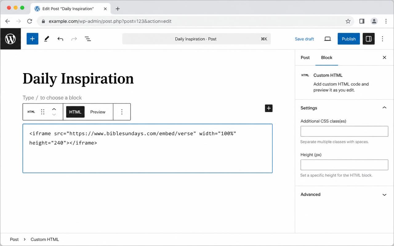Bible verse iframe embed code pasted inside a WordPress Custom HTML block on the HTML tab