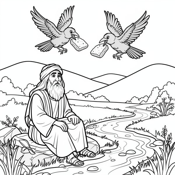 Preview of Elijah Fed by Ravens Coloring Page