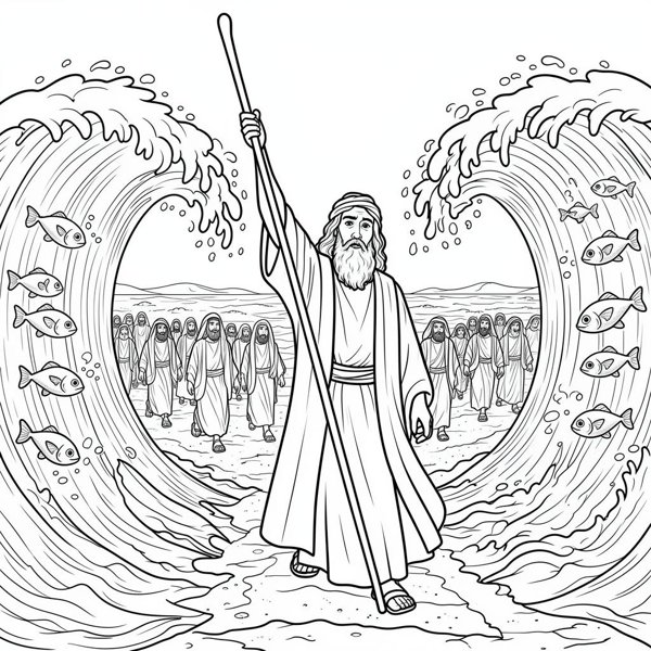 Preview of Moses Parts the Red Sea Coloring Page