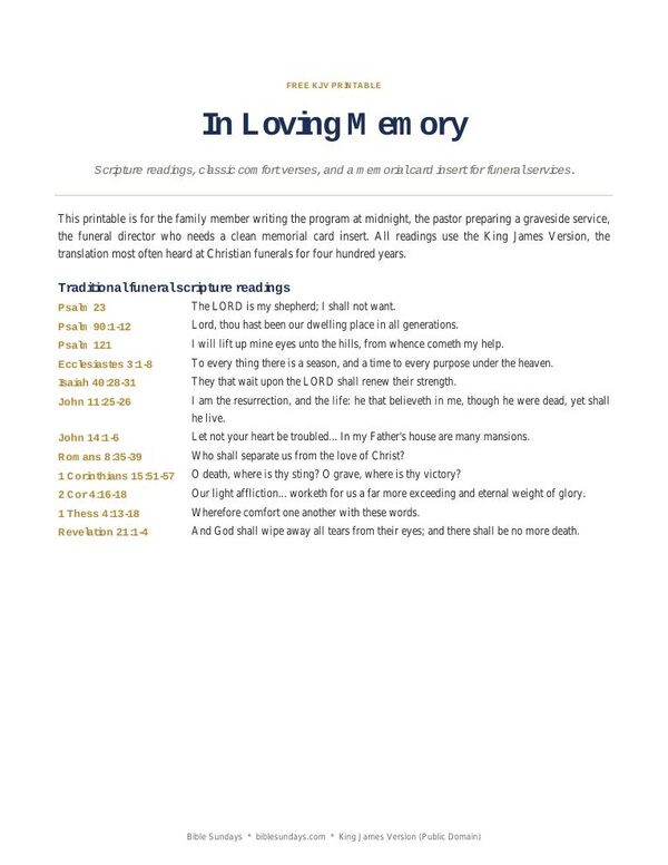 Preview of page 1 of Funeral Scripture Readings & Memorial Cards (KJV)
