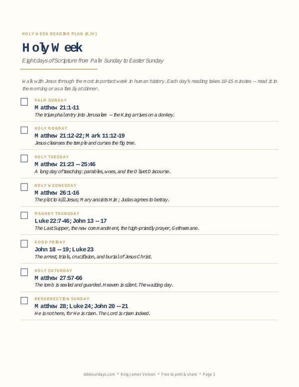 Preview of page 1 of Holy Week Reading Plan (Palm Sunday to Easter)